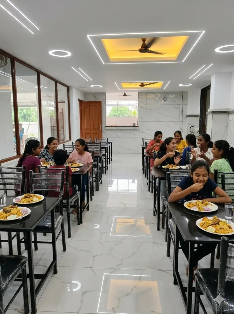 A group of women happily sharing a meal in a modern, well-designed dining hall with high-standard interiors at a ladies' hostel near Infopark, Kakkanad.