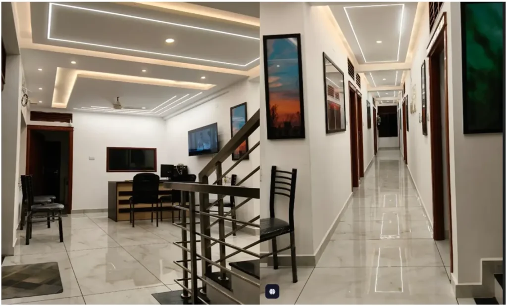 A combined image showing the modern, profile-lighted reception area and a clean, brightly lit corridor at Amelia Ladies Hostel in Kakkanad, Kochi.