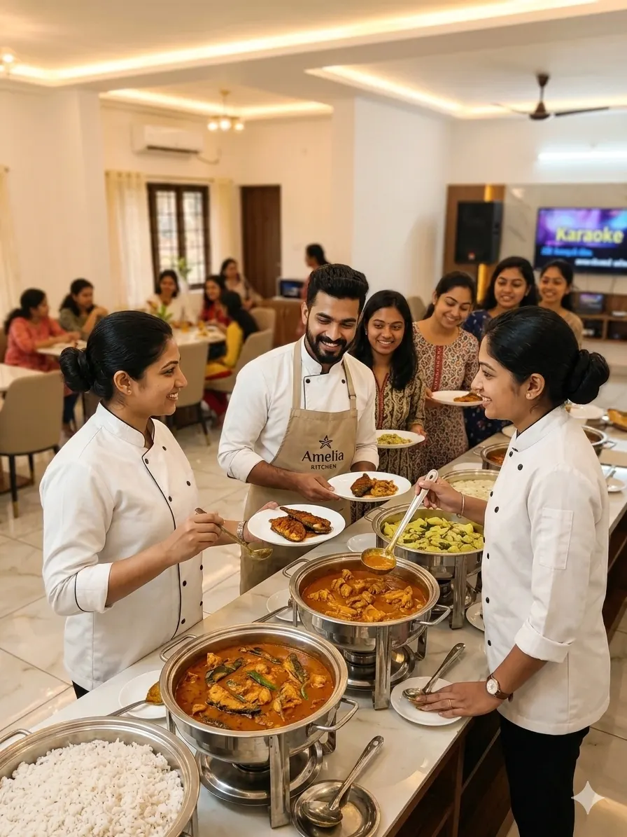 A female kitchen staff member from Amelia Kitchen, wearing a white uniform and apron, smiles while serving fish curry and other Indian meals from large buffet chafing dishes to a happy female resident in a modern, bright dining hall. Other residents hold plates and smile in line.