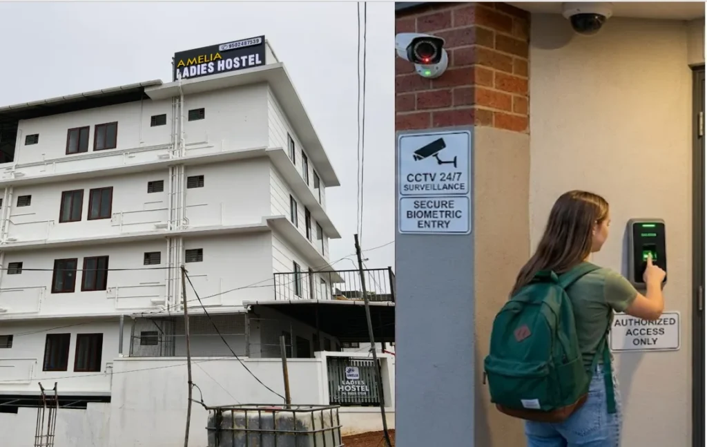 A resident using a biometric fingerprint scanner at the entrance of a modern four-story ladies' hostel in Kochi.