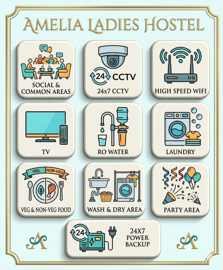 A high-quality infographic for Amelia Ladies Hostel featuring ten 3D-style rounded square icons on a light teal background with a gold border. Icons represent facilities including Social Areas, 24x7 CCTV, High-Speed WiFi, TV, RO Water, Laundry, Veg & Non-Veg Food, Wash & Dry Area, Party Area, and 24x7 Power Backup.