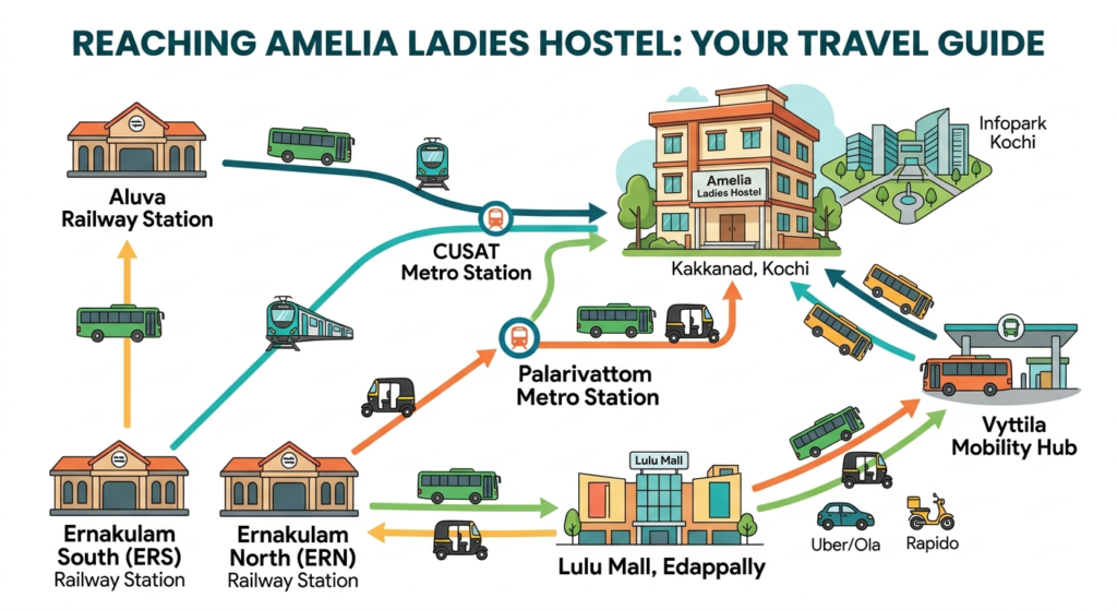 An infographic map and travel guide illustrating various routes and transportation options to reach Amelia Ladies Hostel in Kakkanad, Kochi. The guide shows connections from major transit hubs including Ernakulam South (ERS) and North (ERN) Railway Stations, Aluva Railway Station, Vyttila Mobility Hub, and landmarks like Lulu Mall via Metro, bus, auto-rickshaw, Uber, and Ola.